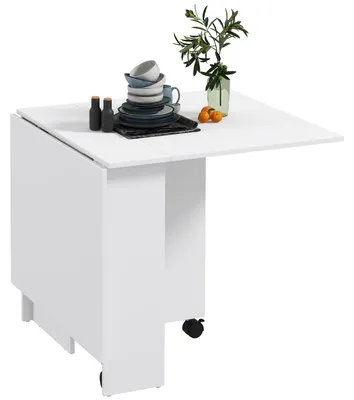 Produktbild von Platzsparender Klapptisch mit 2 ausklappbaren Tischplatten fš¹r 6 Personen, mit Ablagen und Rollen, wei?