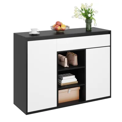 Produktbild von Schuhschrank mit zwei Türen und einer Schublade mit verstellbarem Schuhregal, schwarz-weiß modern, Flur Diele.Bietet Platz für 12–17 Paar Schuhe