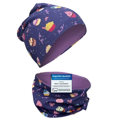 Produktbild von HECKBO Kuchen Cookies Kinder Mädchen Beanie Mütze & Loop-Schal Set - Wintermütze mit Fleece Vlies - 2-6 Jahre - 95% Baumwolle - weiches & pflegeleichtes Material Frühling Herbst Winter
