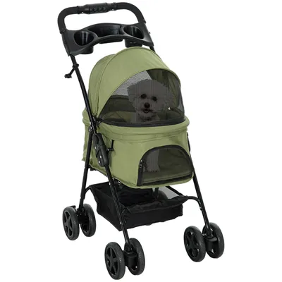 Obrázek produktu pro PawHut kočárek pro psy kočárek pro kočky skládací kočárek pro malé psy a kočky do 4 kg kočárek pro domácí zvířata Oxford tmavě zelený 67 x 45 x 96 cm