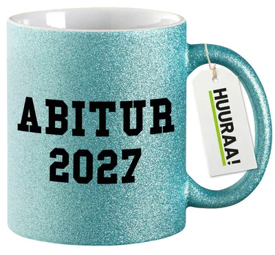 Produktbild von Huuraa Glitzertasse Abitur 2027 ABI 330ml Blau Keramik Kaffeebecher Geschenkidee