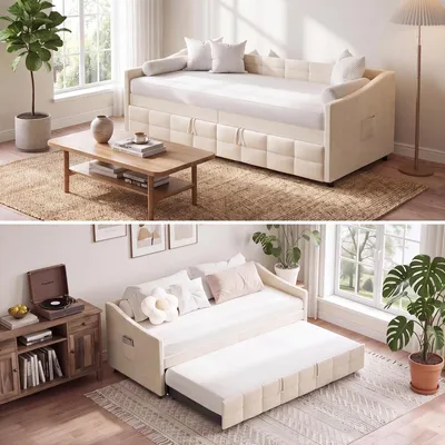 Immagine prodotto di Divano letto 90/180x200 cm, modello divano da giorno, estendibile, color beige, senza materasso