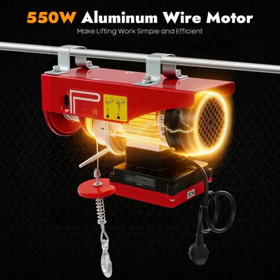Produktbild von Elektrische Seilwinde - Elektrischer Seilzug - 550 W 220 V - Funkfernbedienung - Hubhöhe 12 m/6 m - 2 Hebebänder - Rot