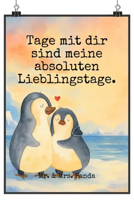 Produktbild von Mr. & Mrs. Panda Bild Pinguin umarmen Design DIN A2 - Weiß - Geschenk, drucke, Kunstdruck, Hochzeitstag, Posterdruck, Liebe, Wandbild, wandkunst