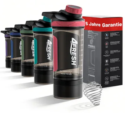 Produktbild von 4FRESH Protein Shaker Flasche 500 ml aus Tritan - BPA-Frei mit Skala & Magnetverschluss, Spiralmixer & Aufbewahrungsbox für Pulver & Kapseln