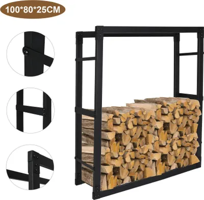 Produktbild von Bettizia kaminholzregal Metall Brennholzregal innen außen für Feuerholz Holzlager Kaminholzständer Schwarz 100 x 80 x 25 cm