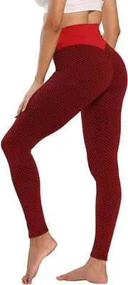 Obrázek produktu pro ASKSA Dámské legíny Honeycomb Sporthose Anti Cellulite High Waist Yogahosen Stretch Push Up Workout Yoga Fitness Butt Lift Jogginghose (Rot, XL)