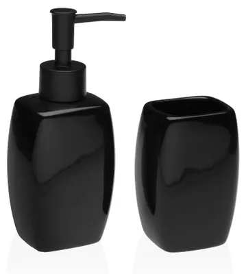 Productafbeelding van Badkameraccessoireset, bestaande uit een zeepdispenser en een tandenborstelhouder, gemaakt van keramiek, met een modern design