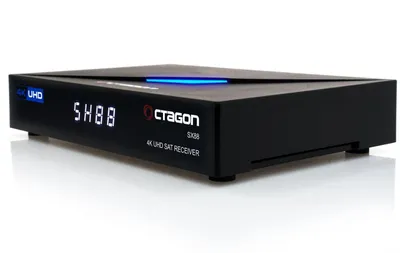 A black Octagon SX88 V2 4K UHD Dual Boot satellite receiver is shown on a white background.