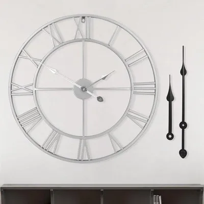 Obrázok produktu pre Veľké okrúhle kovové nástenné hodiny, vintage štýl, na batérie, 60 cm, čierne, rímske číslice, obývačka, spálňa, kuchyňa