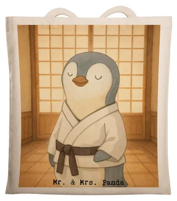 Produktbild von Mr. & Mrs. Panda Jutebeutel Pinguin Karate Design - Weiß - Geschenk, Kampfkunst, Verein, Kampfsportart, Laptoptasche, Stoffbeutel, Tote Bag, Tasche, Selbstverteidigung