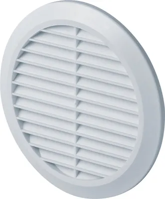 A white, round ventilation grille with horizontal slats.