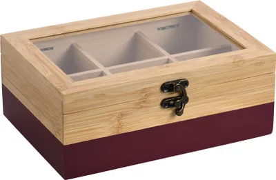 Produktbild von KESPER Teebox Bambus – 6 Fächer – rot mit Sichtfenster & Metallverschluss – 21,5 x 15 x 8,5 cm – Teekiste, Teeaufbewahrung, 58943