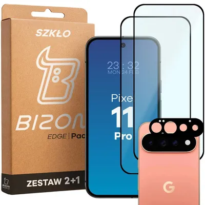 Produktbild von 2x Gehärtetes Glas + Kameraschutz für Google Pixel 11 Pro, Bizon Glass Edge Pack, Schwarz