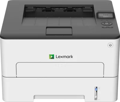 A Lexmark laser printer is shown from the front.