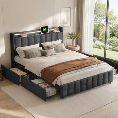 Obrázek produktu pro Postel INONEFT, čalouněná, dvoulůžko, rozměry 160x200 cm, s LED osvětlením, porty Type-C a USB, postel pro mládež se 4 zásuvkami, barva: šedá, bez matrace, Obrázek vytvořený pomocí AI