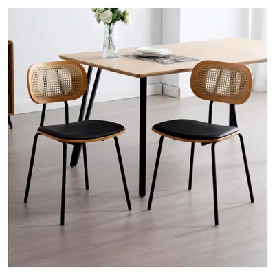 Produktbild von Esszimmerstühle 2er Set Gepolsterte Küchenstühle aus Kunstleder mit Rattan Rückenlehnen Holzstühle für Esszimmer Küche Wohnzimmer (Schwarz)