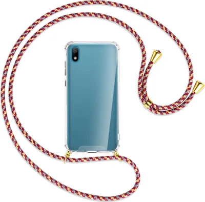 Produktbild von Handykette Backcover-Schutzhülle mit Band (Metall goldfarben) für Huawei Y5 2019 - weinrot/gelb/grau