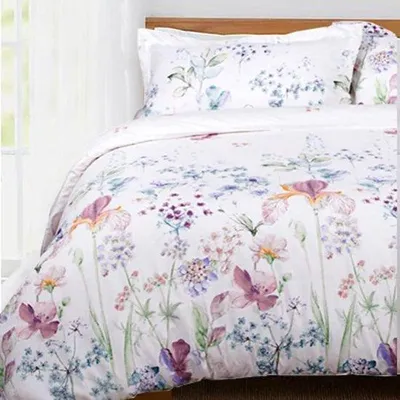 Produktbild von Famanu Bettwäsche Set 135 x 200 cm - Weiß, Lila, Blätter, Blumenmuster, Wendebettwäsche, 4-teilig