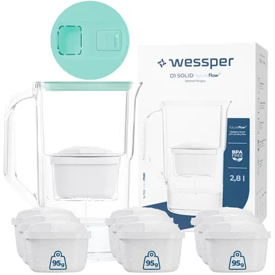 Image de Wessper Pichet filtre à eau 2,8 l avec compteur LED Compatible avec Brita Maxtra | Set de 10 Pichet filtre à eau + Cartouche filtre à eau - Menthe