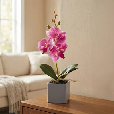 Obrázok produktu pre Umelá orchidea, 29,5 cm v črepníku – Realistická umelá rastlina – Nenáročná na údržbu – Biela / ružová / fialová – Dekorácia do obývačky a kancelárie [11914]