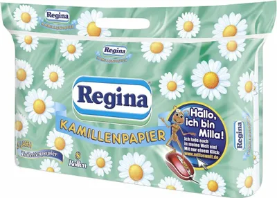 A package of Regina Kamillenpapier toilet paper with a daisy pattern.