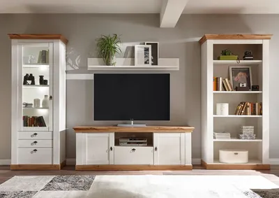 Produktbild von Landhaus Wohnwand 367cm pinie weiß / wotan eiche Anbauwand Bücherregal