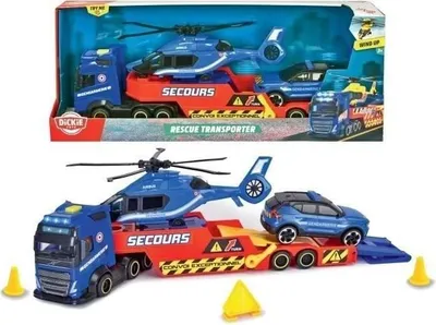 Produktbild von Spielzeug-LKW Transporter Dickie, 40cm, mit Hubschrauber und Gendarmerie Fahrzeug, Freilauf, Sound und Licht, Maßstab 1/24