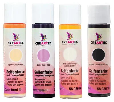 Produktbild von CREARTEC Seifenfarben Opak 4er Set (Schwarz, Pink, Elfenbein, Apricot) 40ml - Inhalt jeweils 10ml - zum Herstellen farbenfroher Seifen