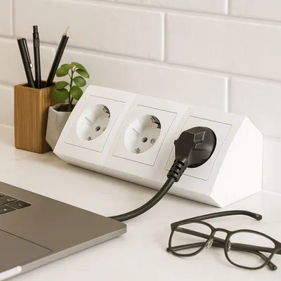 A white power strip with three outlets is shown on a white countertop, with a laptop and glasses in the foreground.