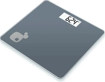 A digital bathroom scale with a gray surface and a white LCD display showing a weight reading.