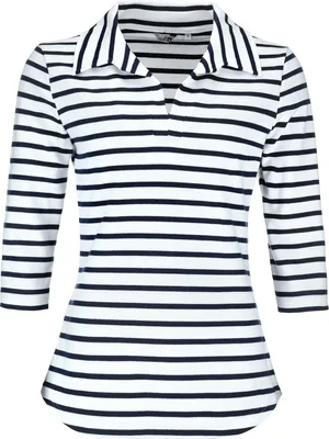 Produktbild von modAS Damen Shirt mit Polokragen und Streifen 3/4-Arm - Poloshirt Streifenshirt Ringelshirt aus Baumwolle in Weiß/Blau Größe 44