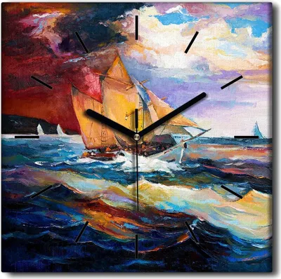 Produktbild von Coloray Uhr auf Leinwand 30x30 cm Wand Uhr Dekoration Wohnzimmer Segeltuch schwarze Hände -Meeresschiffwellen