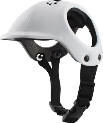A white dog helmet with black straps and buckle, shown from the side.