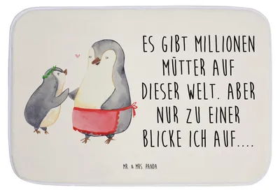 Produktbild von Mr. & Mrs. Panda Badvorleger Pinguin mit Kind - Weiß - Geschenk, Vorbild Mama, Duschvorleger, Muttertag, Badteppich, Badezimmerteppich, Badläufer, Pinguine, Mutter