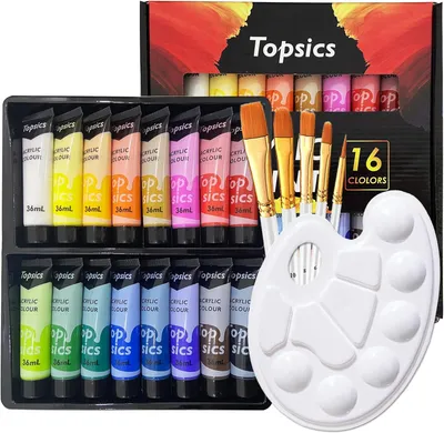 Produktbild von 36 ml Acrylfarbenset, 16 Röhrenfarben, Handwerkssatz 5 Pinsel 1 Mischpalette, ungiftige Anfänger, Papier, Stein, Holz