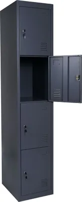 A tall, dark gray metal locker with three compartments. The top compartment is closed, the middle compartment is open revealing an empty space, and the bottom two compartments are closed. One of the doors of the middle compartment is open, showing two smal