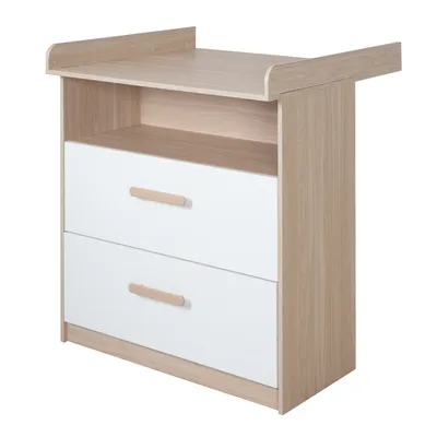 Produktbild von roba Wickelkommode Cabane mit abnehmbarem Aufsatz - Offenes Fach + 2 Schubladen mit Vollauszug - Mitwachsend - Griffe aus Holz - Weiß/ Eiche