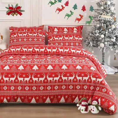 Obrázok produktu pre Sada posteľnej bielizne, 4-dielna, 135x200 cm, červená, mikrovlákno, vianočná/zimná motívy, so zipsom