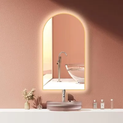 Produktbild von Badspiegel Bogen Beschlagfrei 60x100 cm / 100x60 cm Hayward mit Goldener Metallrahmen, HOCH+QUER Montage. Arch+Touch Schalter+Licht Wechsel 2700-6500K, Warmweiß-Kaltweiß-tral