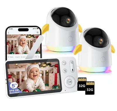 Produktbild von Babyphone mit 2 Kamera und APP 2K/3MP 360° View 5" WLAN Video Babyfone RGB-Nachtsicht Weinen/Bewegungs/Geräusch-Erkennung 4-facher Zoom mit 2*32G