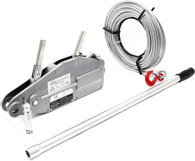 Imagen del producto de Cabrestante de hasta 800 kg con cable de 20 metros de longitud, cabrestante manual con cable de acero de 8,3 mm de diámetro, cabrestante para trabajos forestales con sistema de seguridad y gancho de sujeción