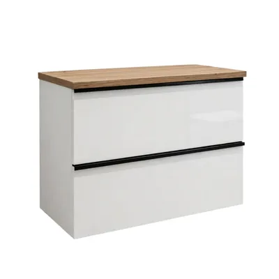 Produktbild von Waschbeckenunterschrank ONE mit Abdeckplatte 2 große Schubladen Weiß Hochglanz Artisan 60x50x46 Softclose hängend Badmöbel Badezimmer schwarze Griffe Badezimmermöbel Waschbeckenschrank