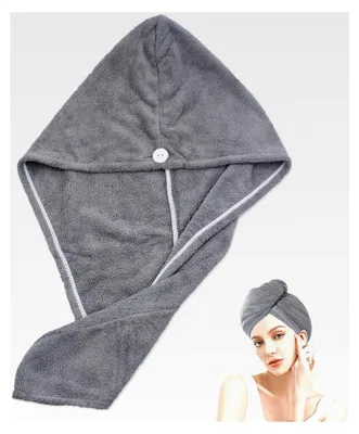 Produktbild von Mikrofaser Handtuch für Haare, Haarturban, Handtuch mit Knopf, Haarhandtuch, extra saugfähig, schnelltrocknendes Turban Handtuch, für Zuhause, Reisen, Fitnessstudio (grau)