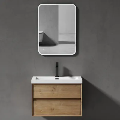 Immagine prodotto di doporro Mobile Bagno Sospeso 76,5cm, Mobiletto per Bagno con 2 Cassetti Include Lavabo e Specchio LED Bianco Rimo F156, Marrone chiaro