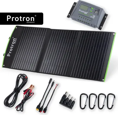 Produktbild von Protron Faltbares 100W Mono-Kristallin Solarmodul Photovoltaik Solarpanel mit PWM Laderegler 12/24V 10A und Zubehör auch für Powerstation, MwSt.-Ermäßigung:Ja - 0% MwSt. gemäß § 12 Abs. 3.UstG