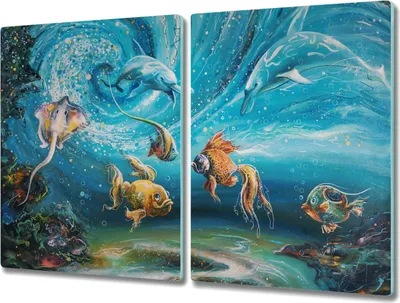 Produktbild von Coloray Schneidebrett Herdabdeckplatte 2x40x52 cm Kochplattenabdeckung Küchenbrett Hackbrett - Malerei Tiere Fische
