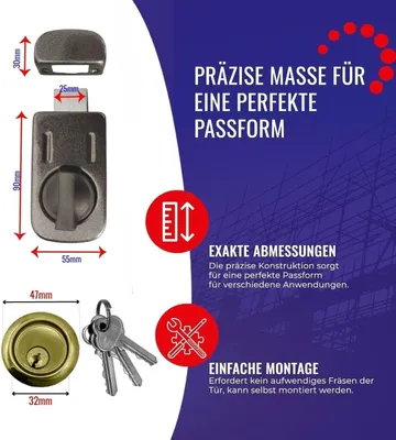 Produktbild von Seitenschloss mit Zylinder, 3 Schlüssel, pulverbeschichtetes Metall, für Haustür und Wohnungstür