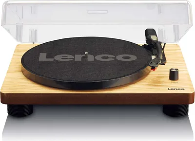 A Lenco turntable with a clear dust cover is shown against a white background.