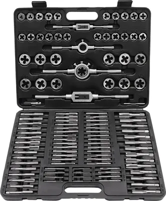 Immagine prodotto di Set per maschiatura - Maschi e matrici - 110 pezzi - Acciaio legato - Resistente alla ruggine - Valigetta in plastica 43,5×32×6,3 cm - Nero
